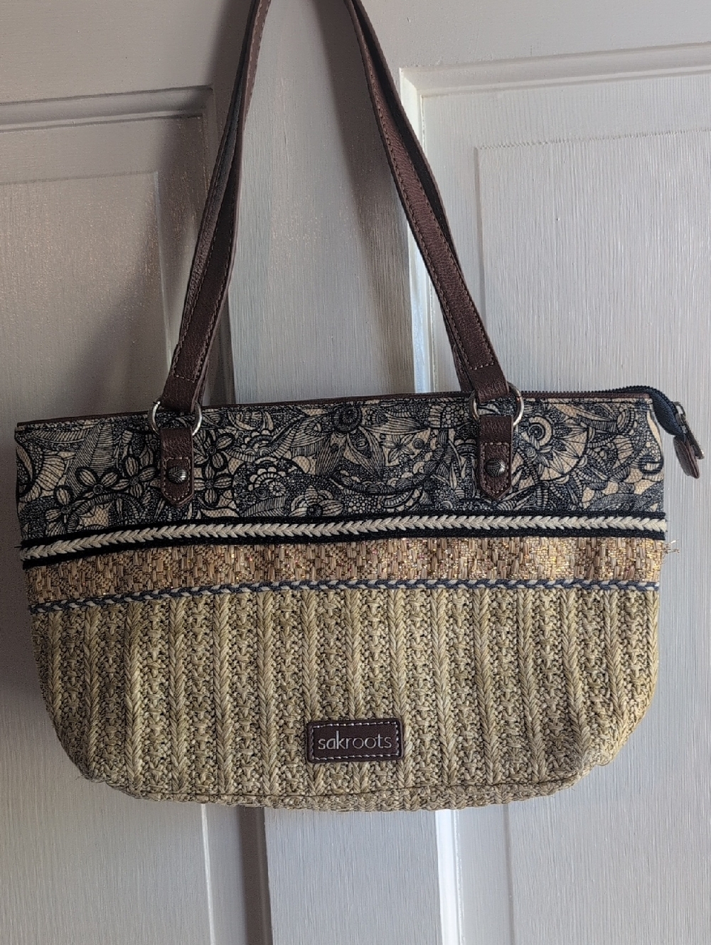 Sakroots Straw & Brown Patterned Shoulder Tote